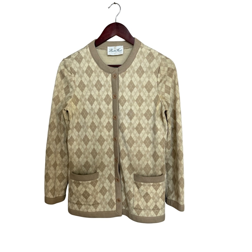 Vtg Butte Knit Cardigan Sweater Womens Sz 14 Tan Wool Blend Argyle Button‎ Front